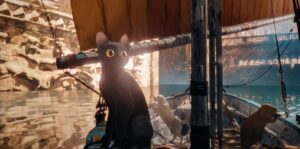 An animated black cat stands on the deck of a sailboat, peering out over the water in Flow