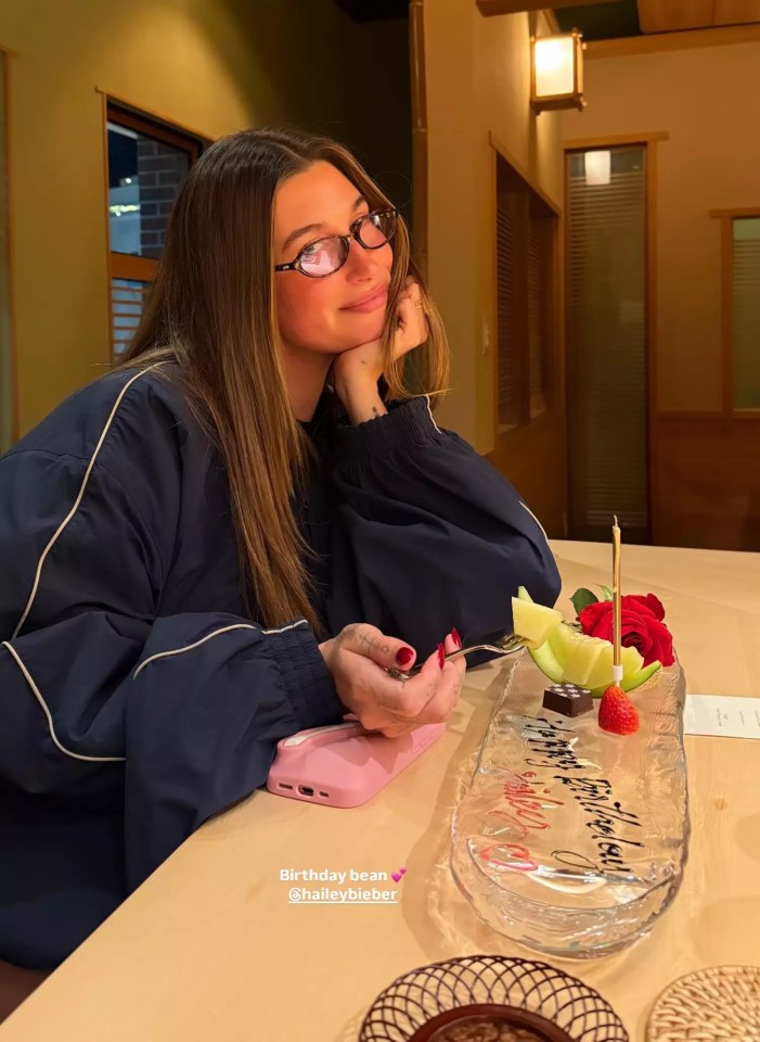 Hailey Bieber rang in her 28th birthday wearing sweats and glasses