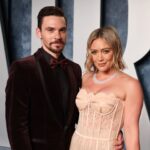 Matthew Koma and Hilary Duff attend the 2023 Vanity Fair Oscars party.