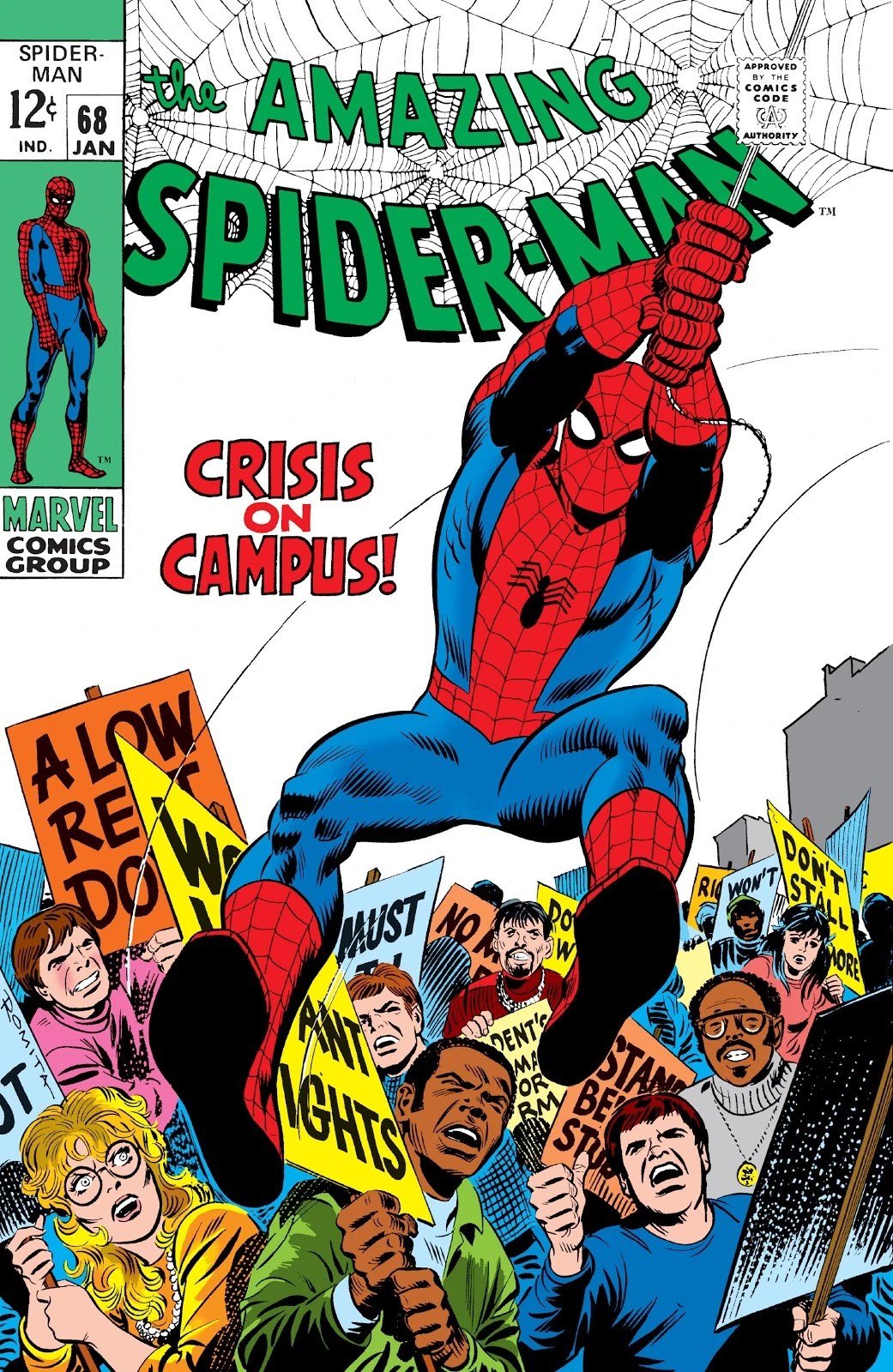 Spider-Man swings over a diverse group of sign-waving protestors on the cover of Amazing Spider-Man #68 (1970).