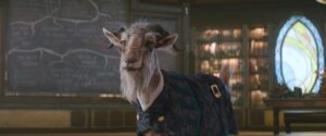 The studious goat Professor Dillamond in Wicked: Part I, a heavily bearded goat in a tartan-looking coat, with small round spectacles perched on his nose. He’s entirely CGI.