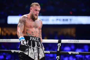 Jake Paul looks on during their cruiserweight fight against Mike Perry at Amalie Arena  in Tampa, Florida