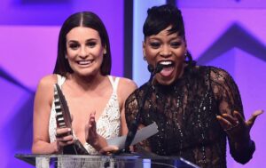 Lea Michele, left, and Keke Palmer appear onstage at the GLAAD Media Awards in 2016.