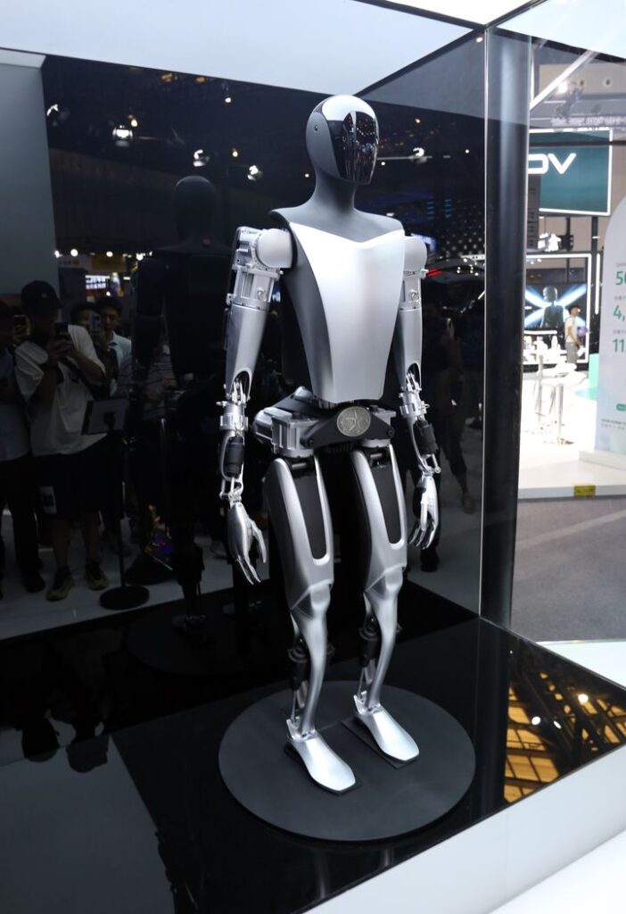 A Tesla Optimus robots is displayed at the 2023 World Artificial Intelligence Conference in Shanghai, China.