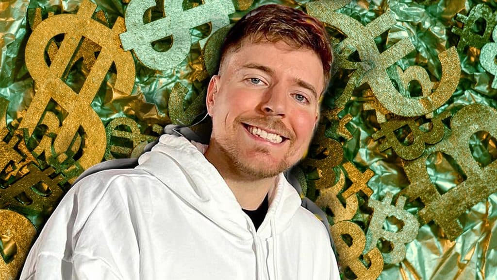 MrBeast against a background full of currency symbols.