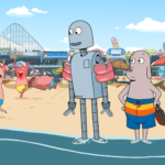 Dog and Robot at the beach — amusement park rides and boardwalk restaurants are visible behind them. They watch as three pigs in bathing suits dash towards the water in Robot Dreams.