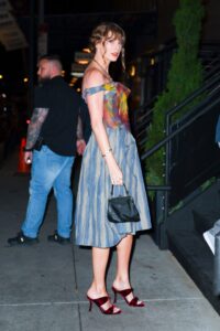 Taylor Swift wore a colourful off-the-shoulder Vivienne Westwood corset dress