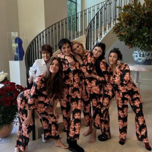 Kris Jenner, Khloe Kardashian, Kendall Jenner, Kylie Jenner, and Kourtney Kardashian Barker wear Kris Jenner-Themed Pajamas to celebrate Kris’ 69th birthday.