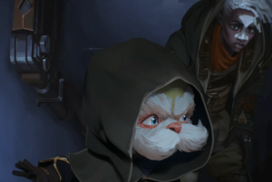 in a scene from Arcane season 2, Heimerdinger, a small furry Yordle with a dramatic mustache and eyebrows, is cloaked and looking down a hallway. Ekko, a young man with white dreads and an hourglass painted on his face, trails behind.