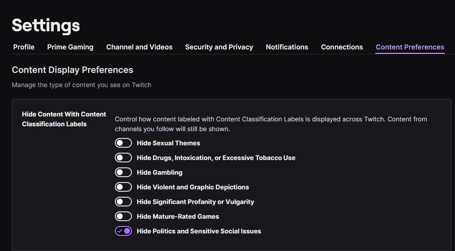 Twitch CCL political content settings