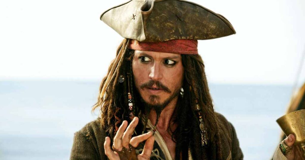 Captain Jack Sparrow skillfully evaded the British Navy, a rum bottle in hand.