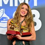 Shakira poses with the awards for Song of the year, Best pop song and Best urban/fusion performance the media center for The 24th Annual Latin Grammy Awards  at FIBES Conference and Exhibition Centre on November 16, 2023 in Seville, Spain. (Photo by Niccolo Guasti/Getty Images)