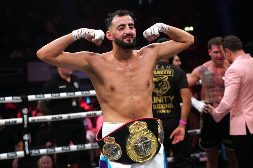 Slim Albaher celebrating his victory in the light-heavyweight bout against Tom Zanetti at the OVO Arena Wembley, London