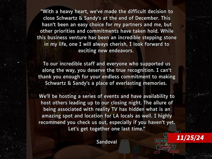 tom sandoval statement closing restaurant