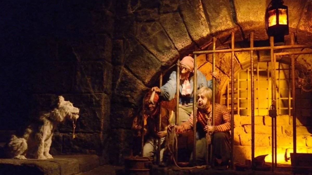 The prison scene from the end of the Disney Pirates of the Caribbean attraction. 