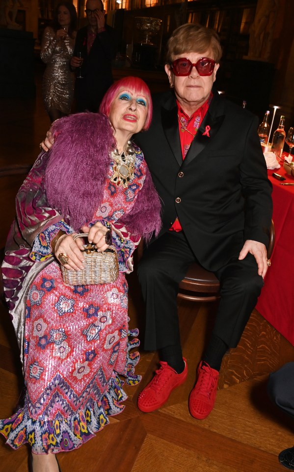 Elton posed for a snap with Dame Zandra Rhodes at the after party - a charity gala night after party in support of the Elton John Aids Foundation at The British Museum