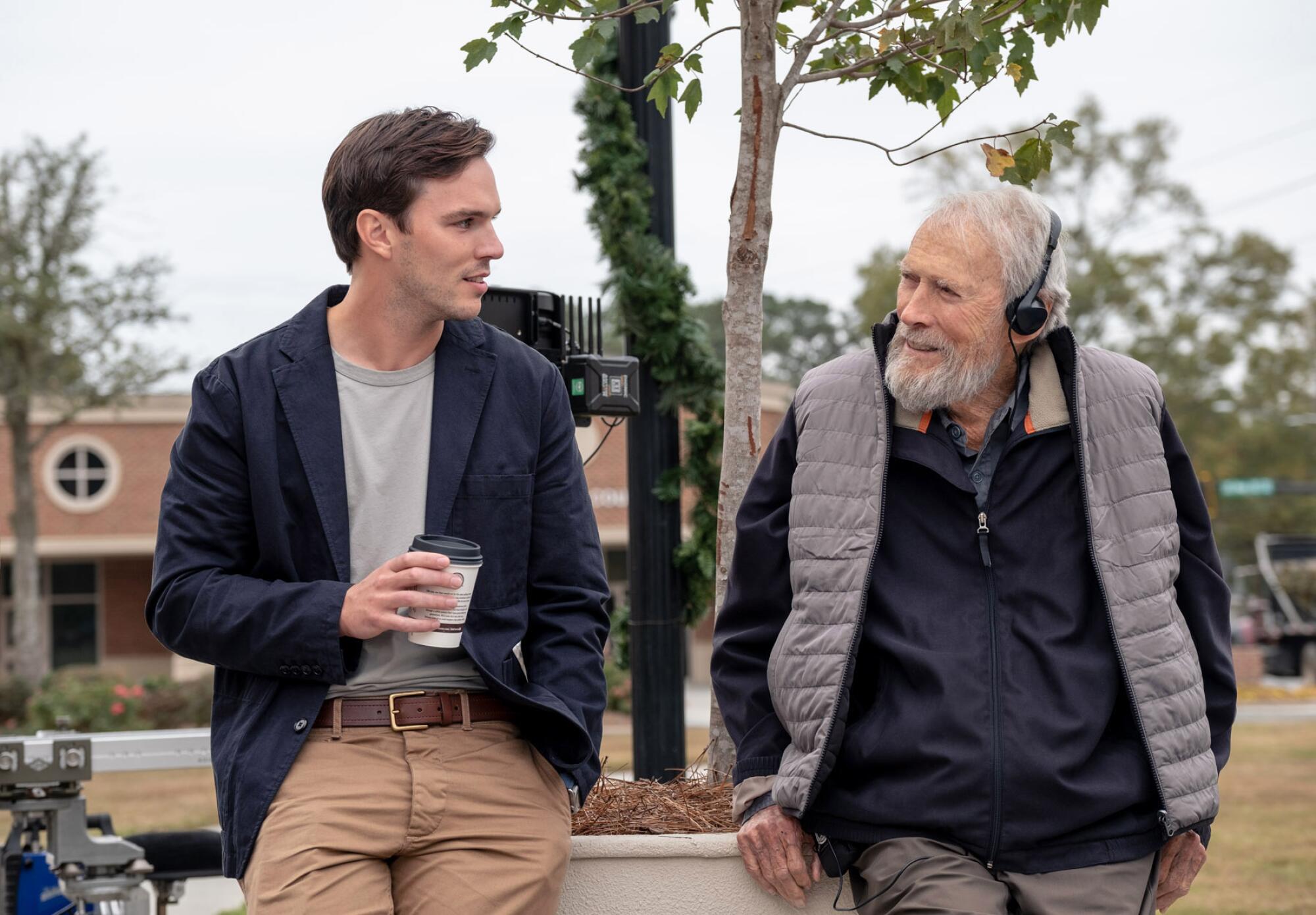 Actor Nicholas Hoult and director Clint Eastwood during production on 'Juror #2.'