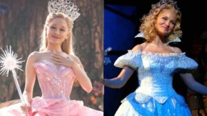 (L) Ariana Grande as Glinda the Good in Wicked the movie (R) Kristen Chenoweth as Glinda in the original Broadway Wicked.