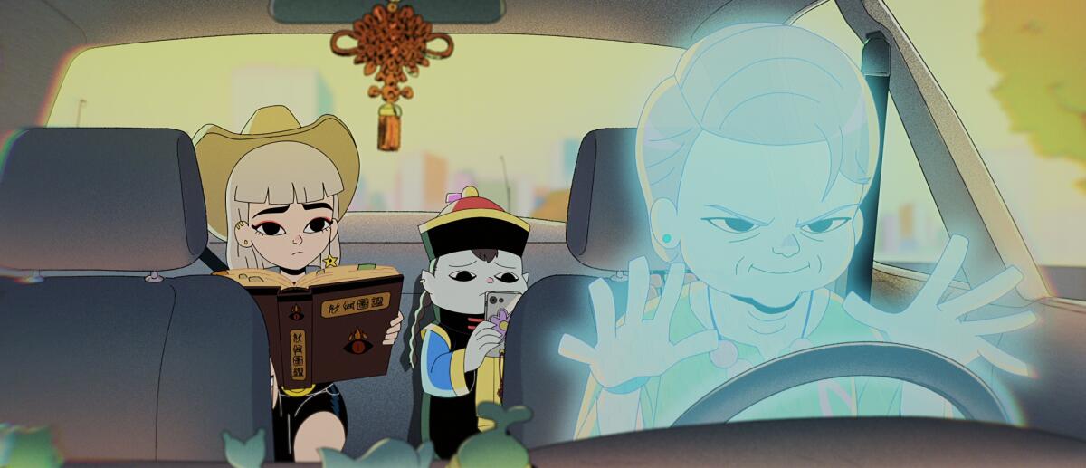 a ghost driving a car with a teenage girl and a jiangshi in the backsteat