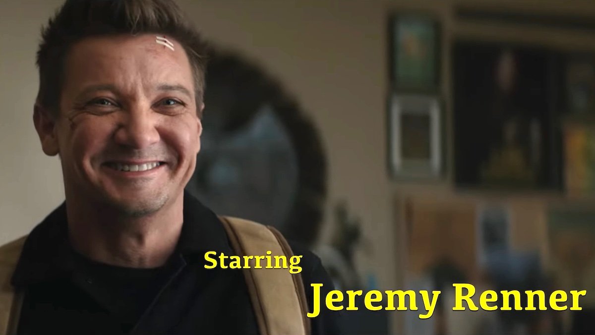 Jeremy Renner smiling with a title card saying his name for a Hawkeye gag reel