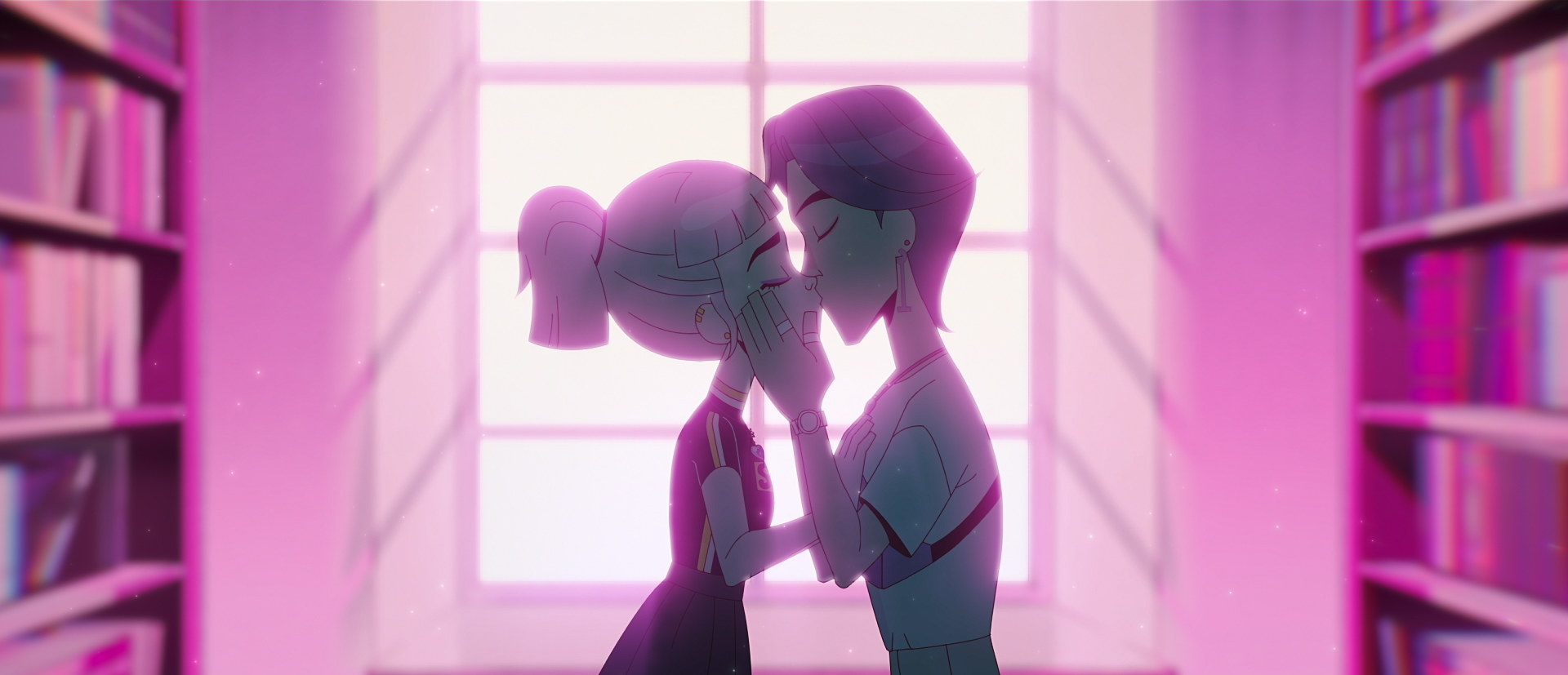 Two teenagers sharing a kiss in a library, framed by soft pink lightning in Jentry Chau vs. the Underworld