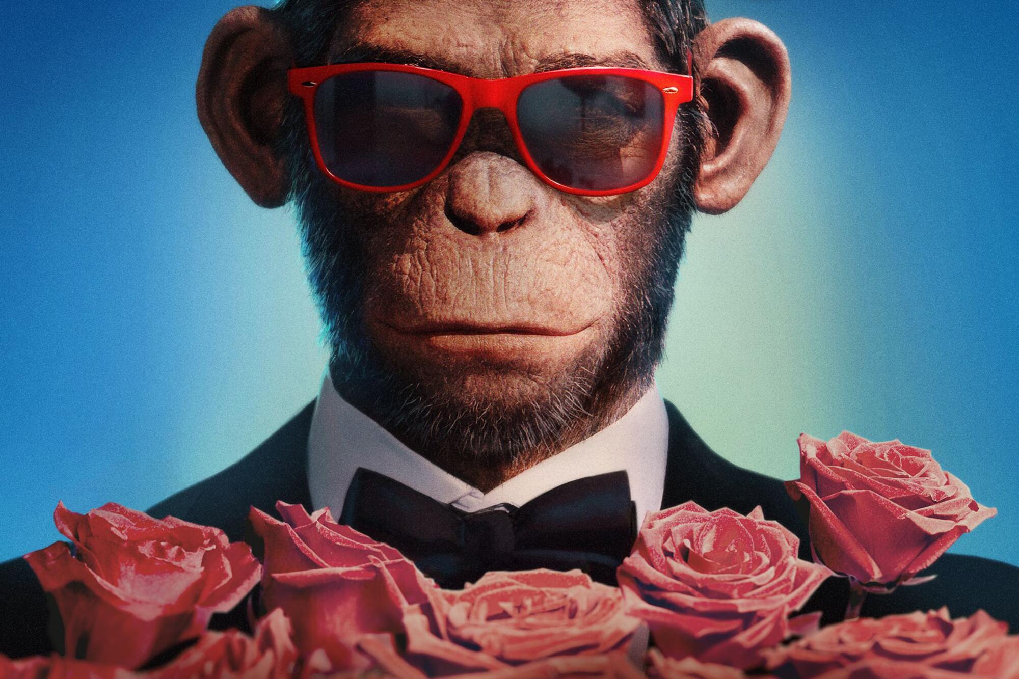 A chimpanzee wears sunglasses and a tux, and holds roses in the ad for "Better Man."