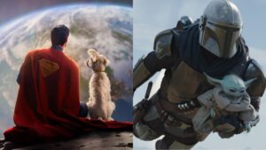 (L) Superman and Krypto from 2025's Superman (R) The Mandalorian and Grogu from Star Wars.