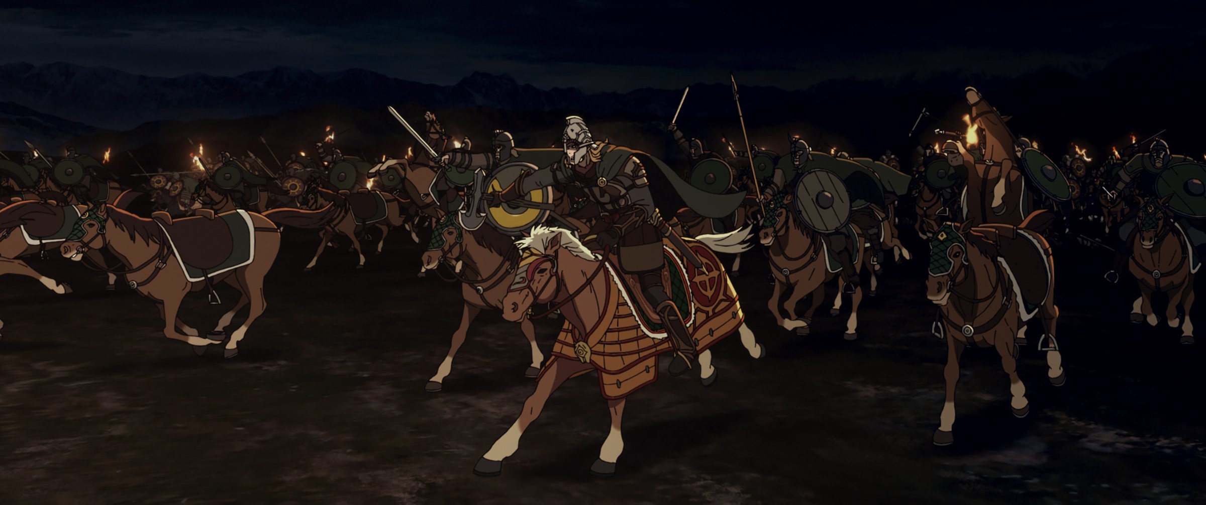 A small army of horses charges, armored riders raising their weapons, in the animated movie The Lord of the Rings: The War of the Rohirrim