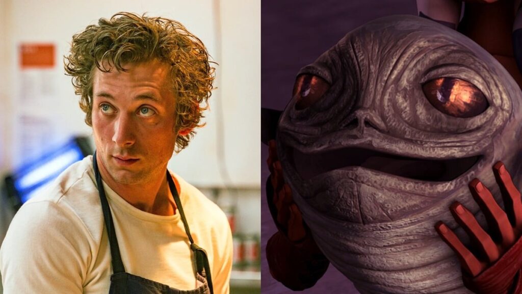 (L) Jeremy Allen White in The Bear (R) Rotta the Hutt in The Clone Wars animated movie.