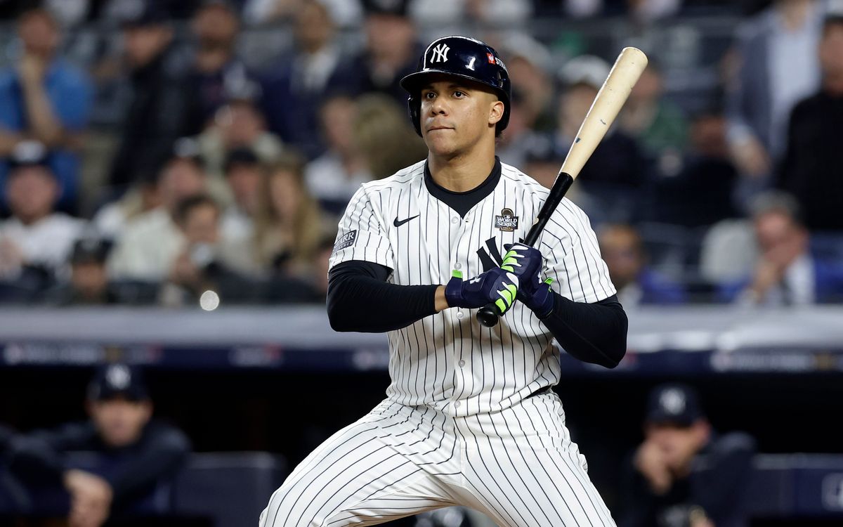 NEW YORK, NEW YORK - OCTOBER 30: (NEW YORK DAILIES OUT)  Juan Soto #22 of the New York Yankees in action against the Los Angeles Dodgers during Game Five of the 2024 World Series at Yankee Stadium on October 30, 2024 in New York City. The Dodgers defeated the Yankees 7-6. (Photo by Jim McIsaac/Getty Images)