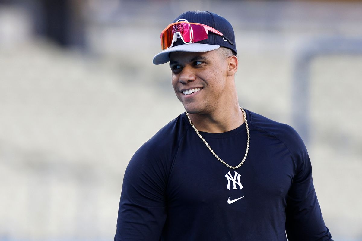 LOS ANGELES, CALIFORNIA - OCTOBER 24: Juan Soto #22 of the New York Yankees reacts during batting practice on workout day ahead of Game 1 of the 2024 World Series at Dodger Stadium on October 24, 2024 in Los Angeles, California. (Photo by Kevork Djansezian/Getty Images)