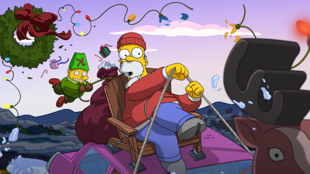 image of the simpsons christmas episode with home driving a sleigh