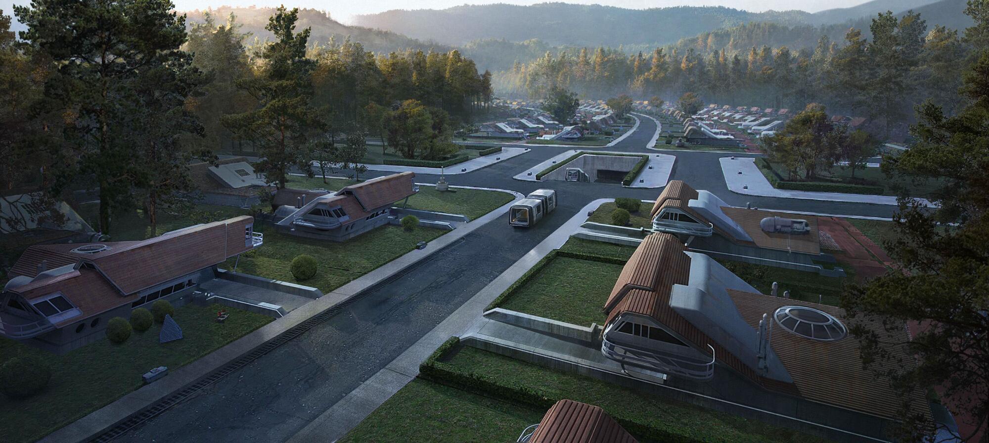 A Star Wars residential area with tract houses and lawns