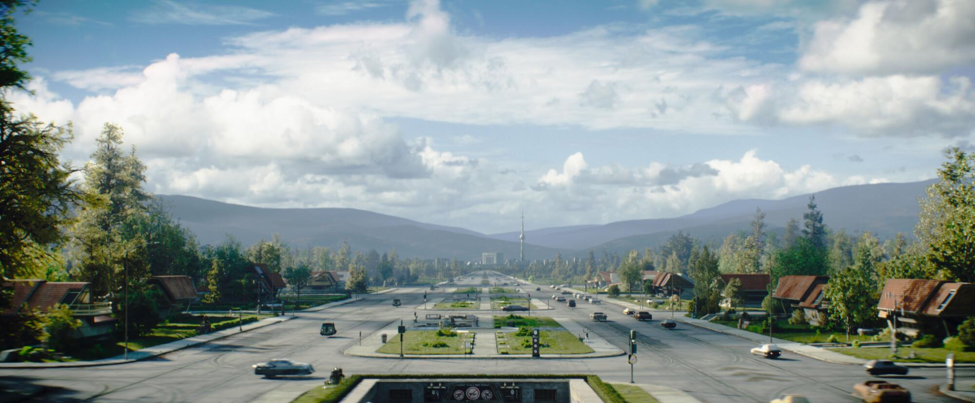 a view of a residential area with streets lined with houses 