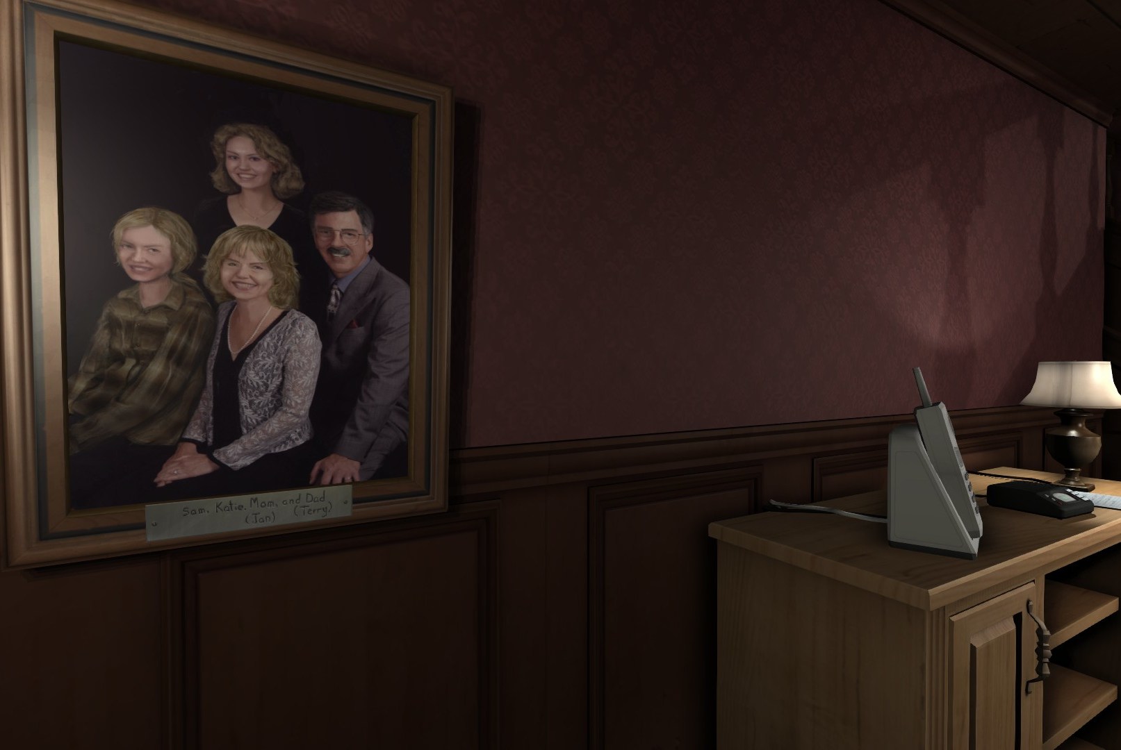 A family portrait hangs in a hallway next to a table with a 1990s cordless phone on it in Gone Home