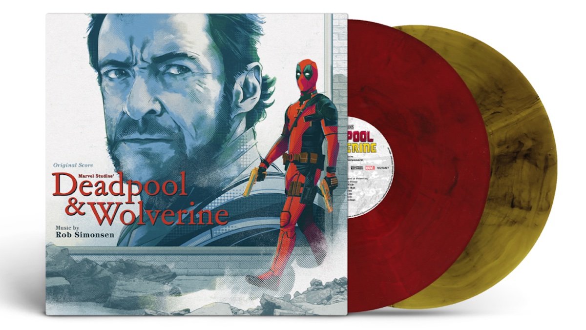 Hugh Jackman's head and Ryan Reynolds in full costume walking in Mutant's Deadpool & Wolverine vinyl album cover with a red and a yellow disc sticking out