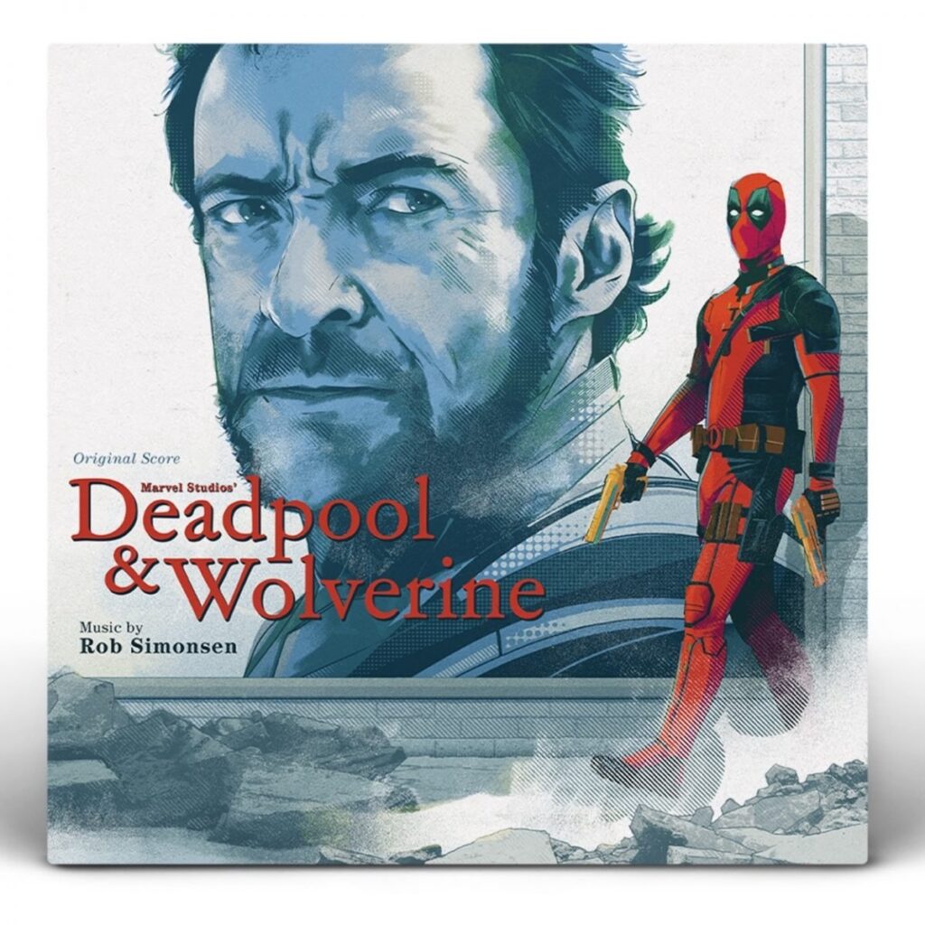 Hugh Jackman's head and Ryan Reynolds in full costume walking in Mutant's Deadpool & Wolverine vinyl album cover