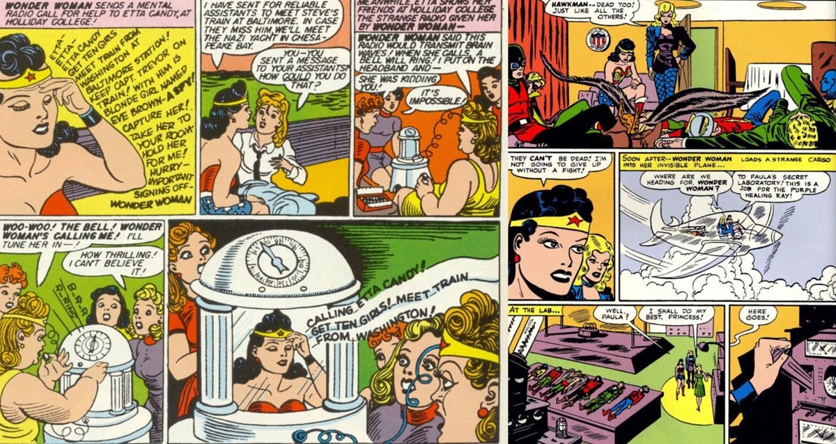 Examples of Amazon high technology from the Golden Age of comics, like the mental radio, and the invisible plane.