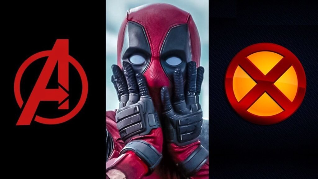 Deadpool flanked by the X-Men and Avengers logos.