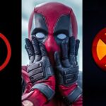 Deadpool flanked by the X-Men and Avengers logos.