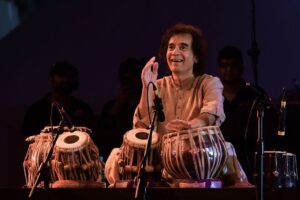 Indian tabala virtuoso Ustad Zakir Hussain performs at a concert at the Indian Music Experience (IME), Indias first interactive music museum, in Bangalore on July 27, 2019.