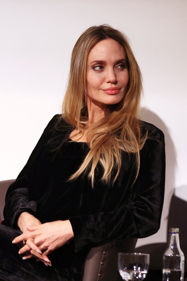 Angelina talking on Saturday, dressed all in black