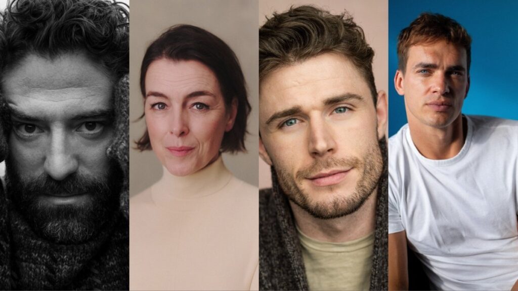 A collage of headshots featuring Nuno Lopes, Olivia Williams, Callum Kerr, and Luke Fetherston for The Wheel of Time season three