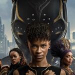 Part of an official poster for Black Panther: Wakanda Forever with all of the major characters from Wakanda lined up and Shuri in the cenetr in front of a Black Panther mask