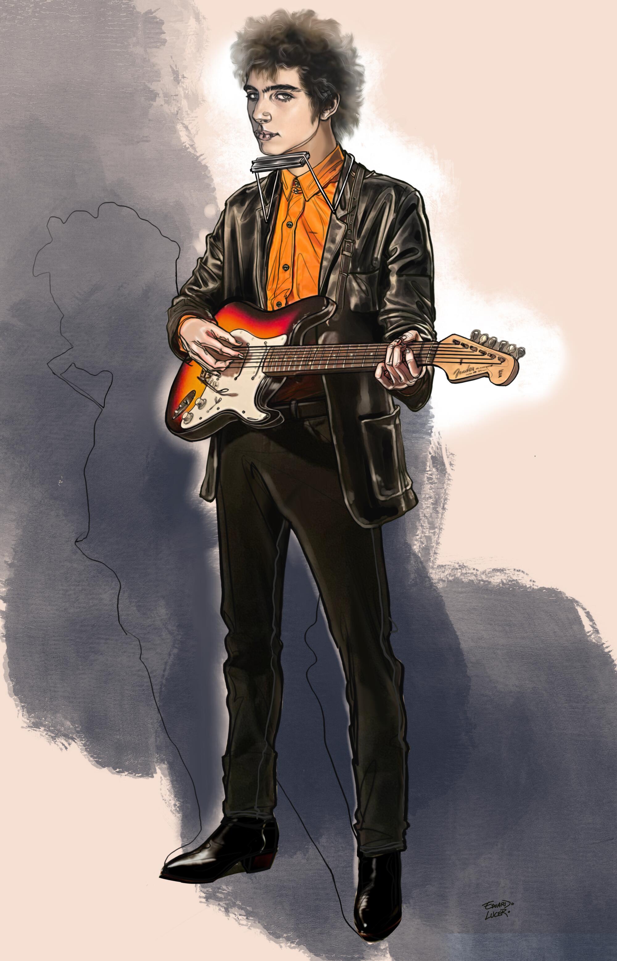 A costume sketch showing Bob Dylan in black leather jacket.