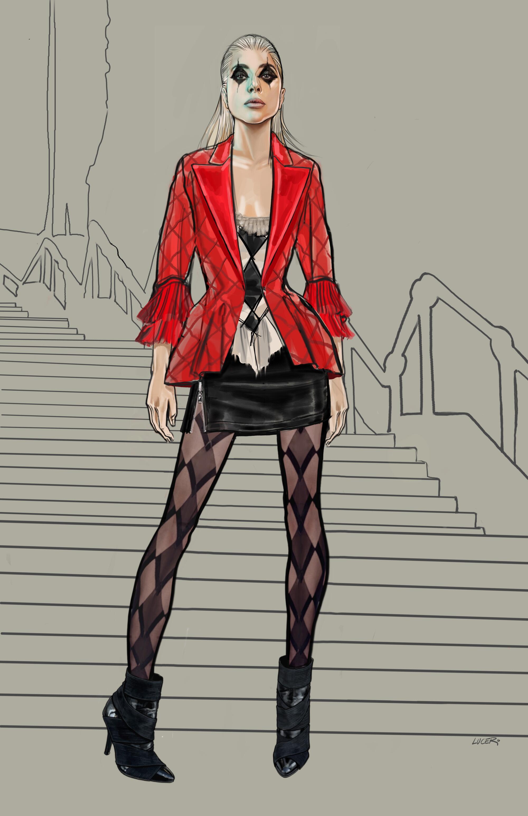 A costume sketch of Harley Quinn showing her in harlequin-patterned tights and jacket.