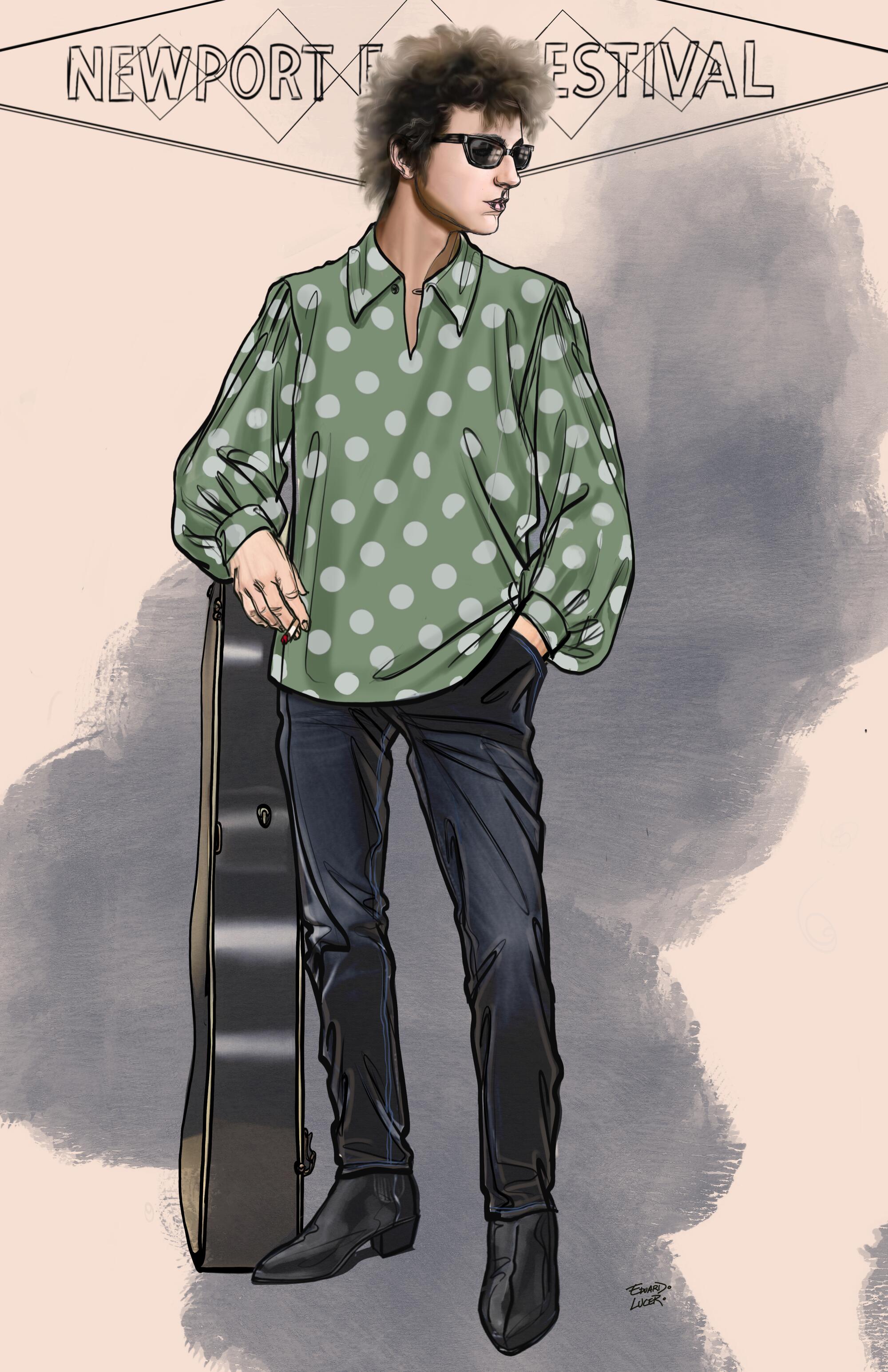 A costume sketch showing Bob Dylan in a loose polka dot shirt. 