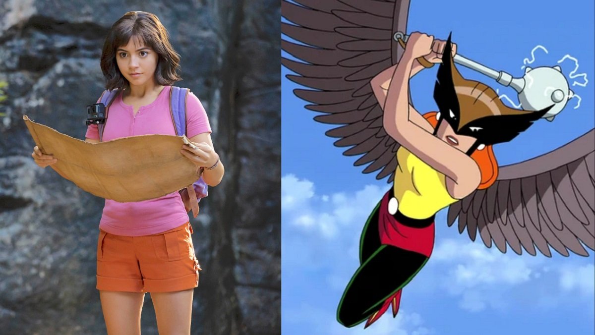 Isabela Merced as Dora the Explorer, and Hawkgirl from the animated Justice League series.