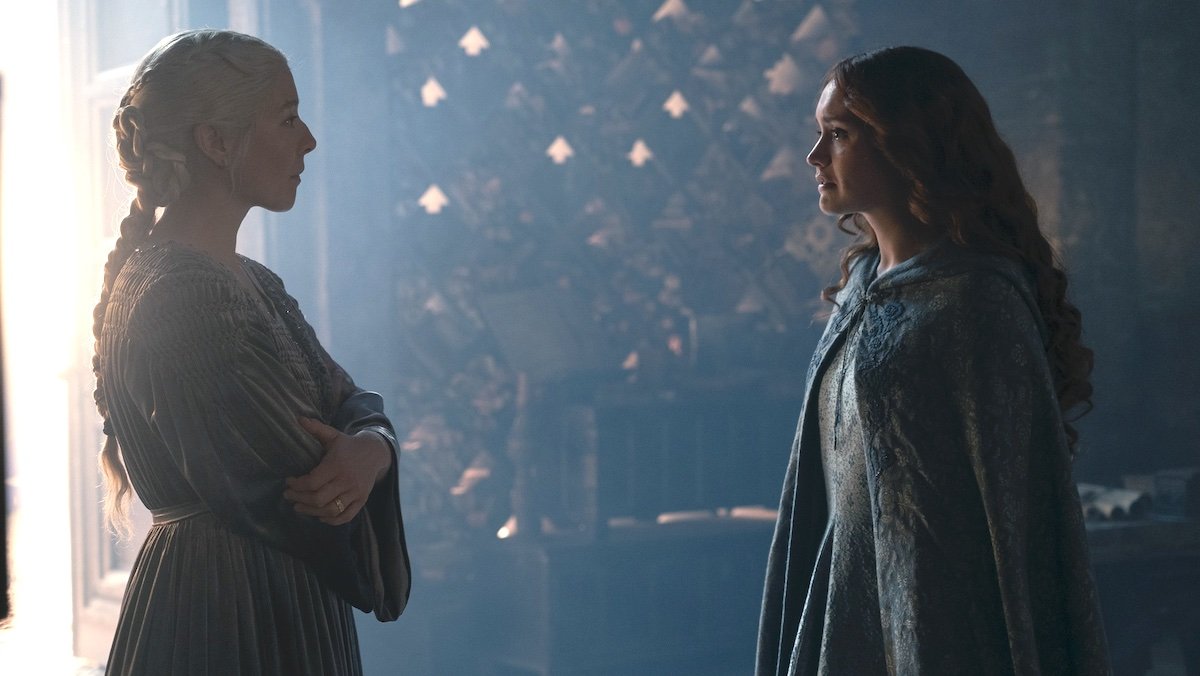 Rhaenyra and Alicent talk in the scroll room on Dragonstone on House of the Dragon