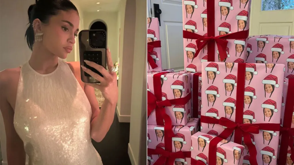 Left: Kylie Jenner dressed in a white sequinned dress for Christmas. Right: Christmas gifts wrapped in paper with Stormi's face on it.